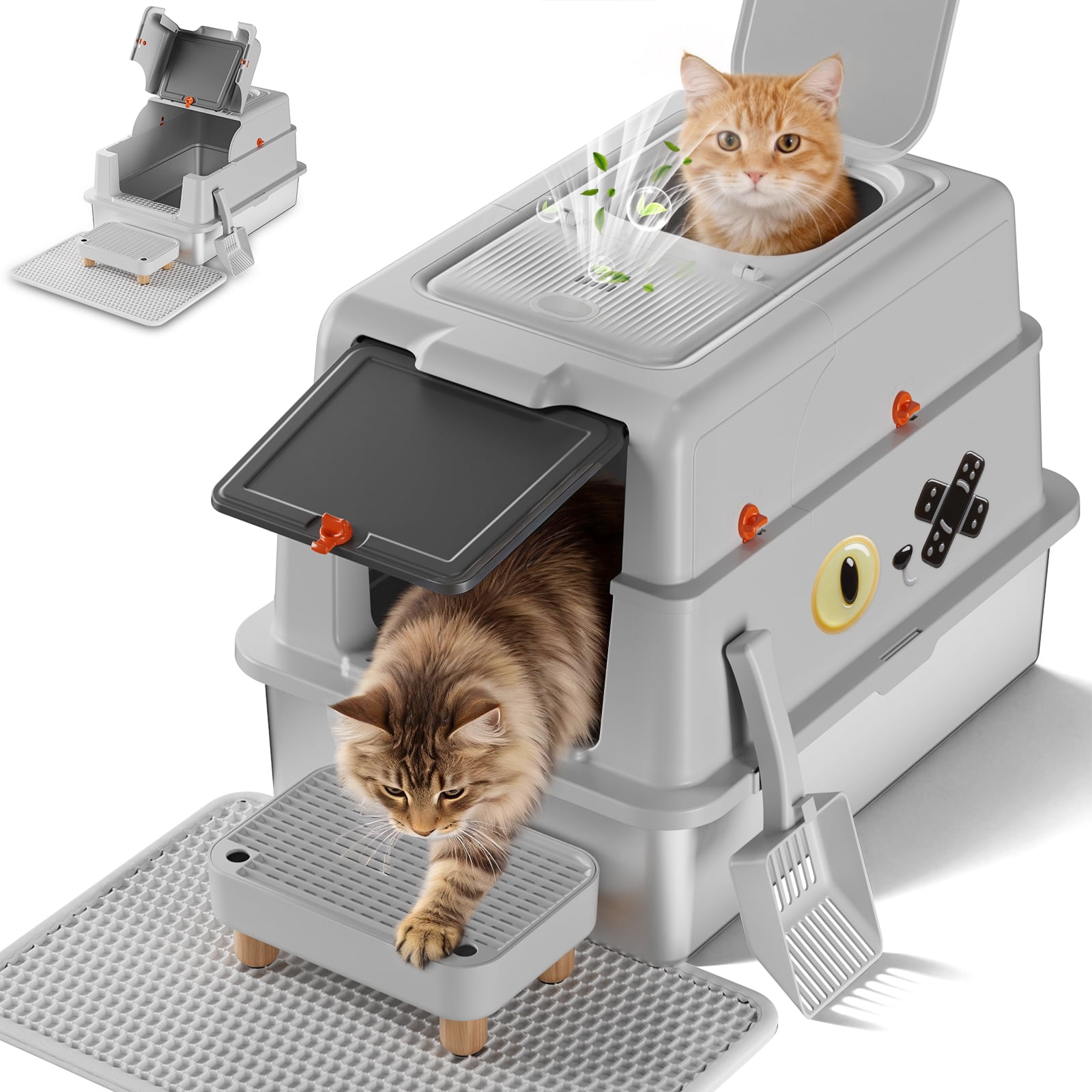 CloudRest Pro XXL Extra Large Fully Enclosed Stainless Steel Cat Litter Box with Lid, Odor-Control Kitty Litter Tray with Scratcher for Large Cats & Multi-Cat Homes（with No.2 Cartoon Sticker）