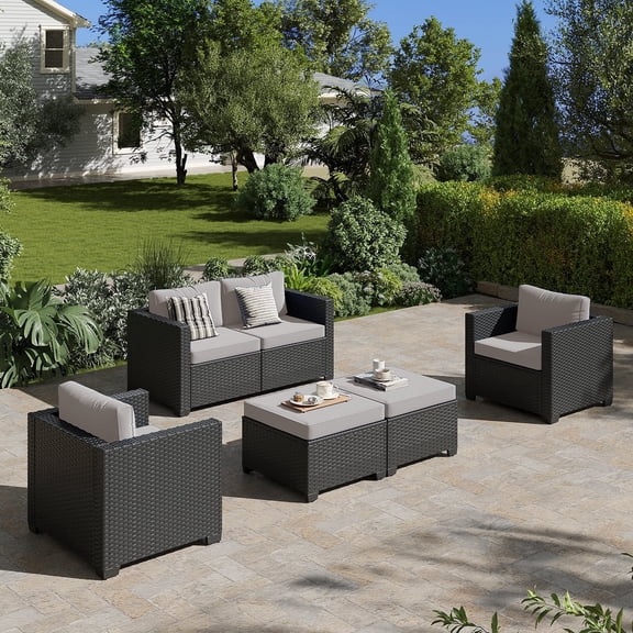 ClouddWell 4 Seat Outdoor Patio Furniture Set, Patio Conversation Sets with Thick Waterproof Cushions & 2 Ottoman(Grey)