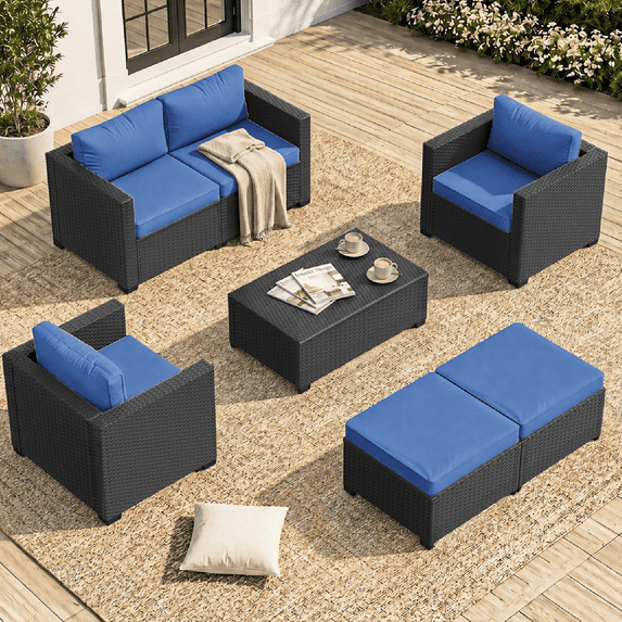 Clouddwell 6 Seats Patio Furniture Set with Storage Coffee Table, All Weather Wicker Outdoor Sectional With Thickened Cushion and Waterproof Cover, Blue