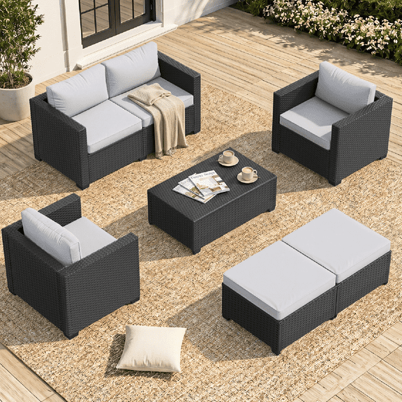Clouddwell 6 Seats Patio Furniture Set with Storage Coffee Table, All Weather Wicker Outdoor Sectional With Thickened Cushion and Waterproof Cover, Gray