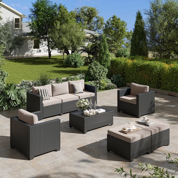 ClouddWell 6 Piece Outdoor Wicker Patio Furniture Set, Rattan Sectional Sofa Sets with Beige Cushions