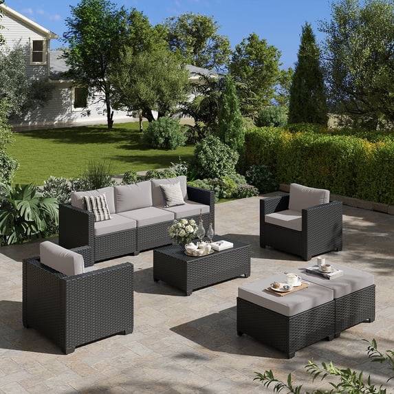 ClouddWell 6 Piece Outdoor Wicker Patio Furniture Set, Rattan Sectional Sofa Sets with Grey Cushions