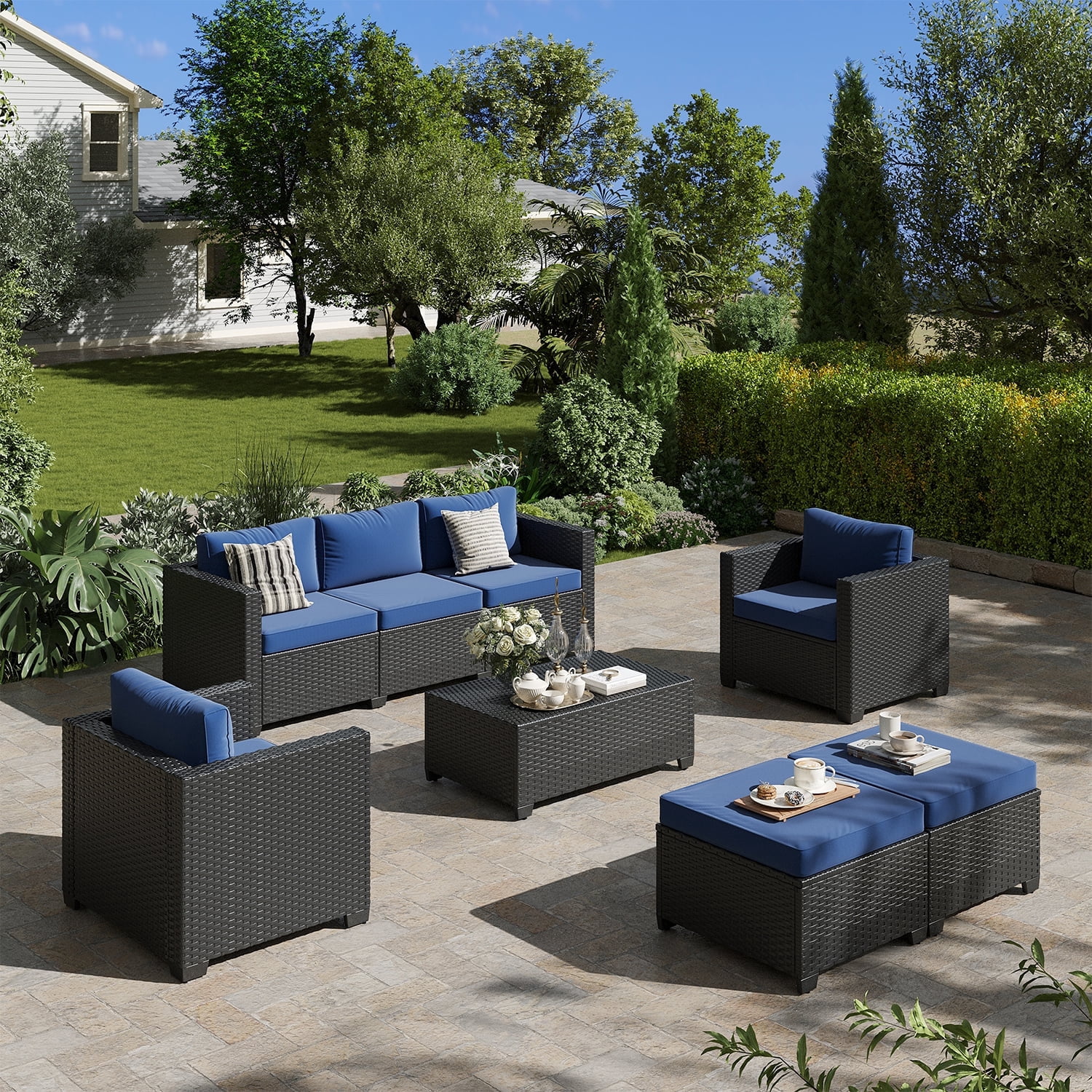 ClouddWell 6 Piece Outdoor Wicker Patio Furniture Set, Rattan Sectional Sofa Sets with Navy Blue Cushions