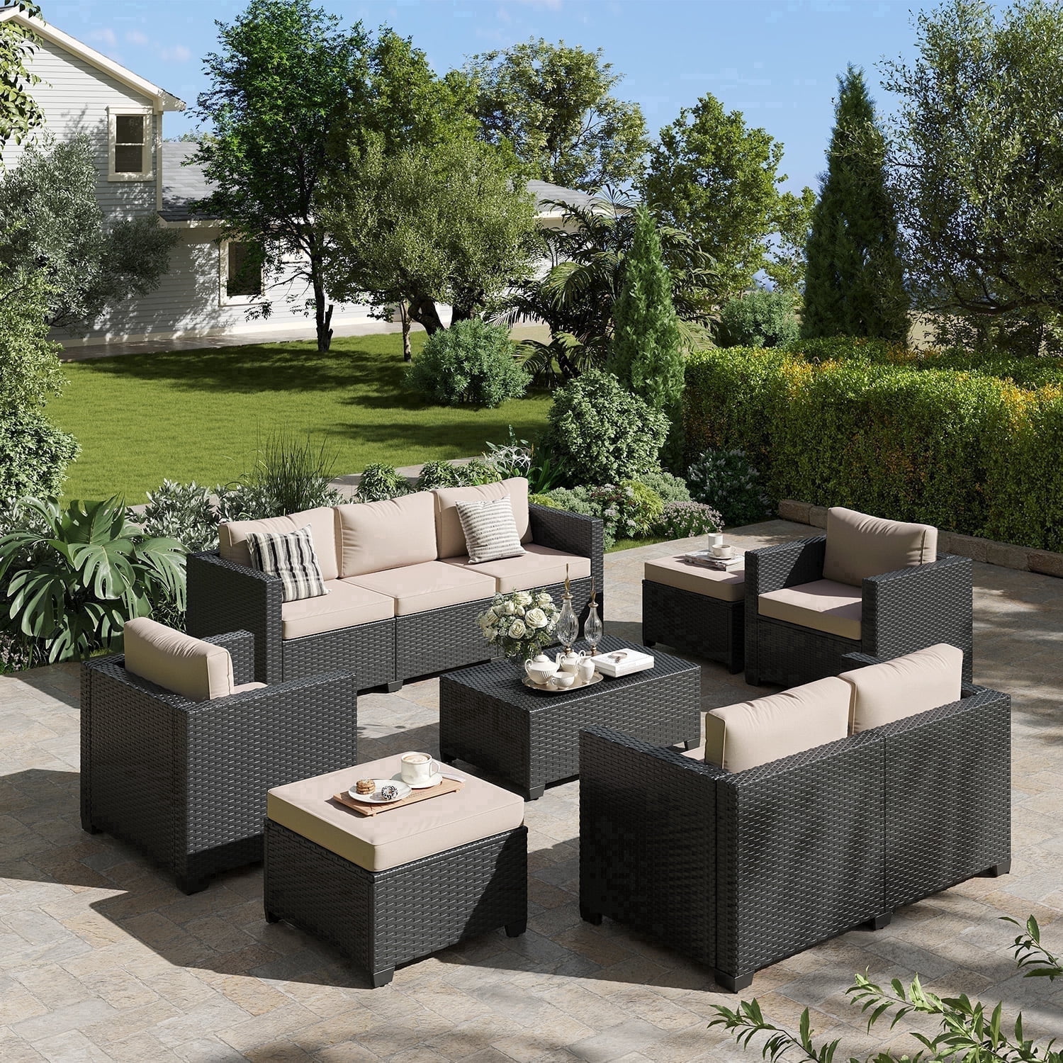ClouddWell 7 Seat Outdoor Patio Furniture Set, Patio Conversation Sets with Thick Waterproof Cushions & Storage Coffee Table(Beige)