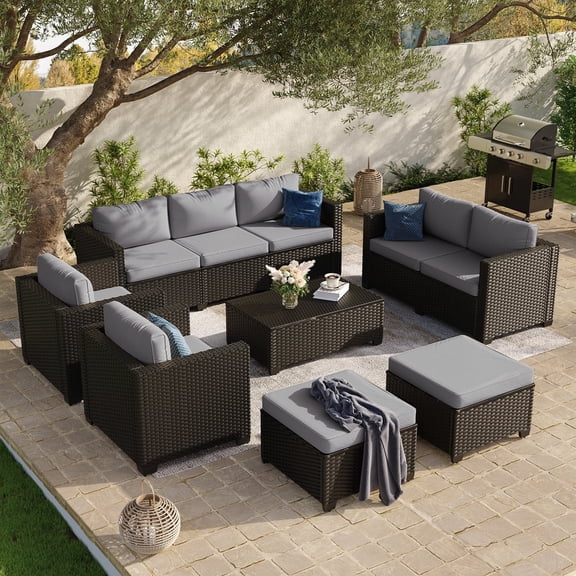 ClouddWell 7 Piece Outdoor Wicker Patio Furniture Set, Rattan Sectional Sofa Sets with Grey Cushions