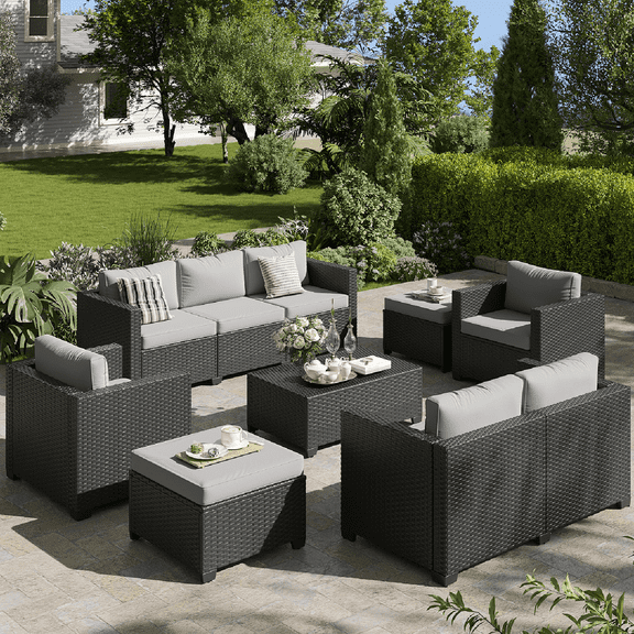 ClouddWell 7 Seat Outdoor Patio Furniture Set, Patio Conversation Sets with Thick Waterproof Cushions & Storage Coffee Table(Grey)