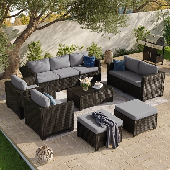 ClouddWell 7 Piece Outdoor Wicker Patio Furniture Set, Rattan Sectional Sofa Sets with Grey Cushions