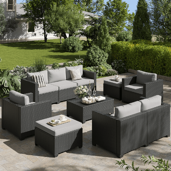 ClouddWell 7 Seat Outdoor Patio Furniture Set, Patio Conversation Sets with Thick Waterproof Cushions & Storage Coffee Table(Grey)