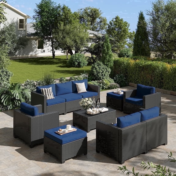 ClouddWell 7 Seat Outdoor Patio Furniture Set, Patio Conversation Sets with Thick Waterproof Cushions & Storage Coffee Table(Blue)
