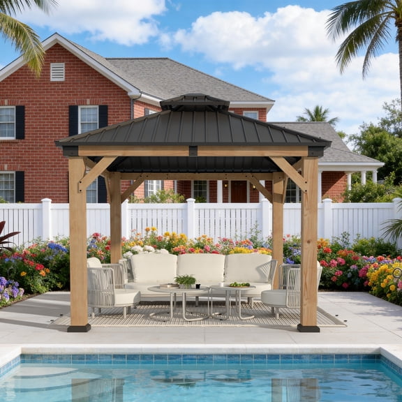 Clouddwell 10*10FT Upgraded Cedar Gazebo,Cedar Hard Roof Gazebo,with Double-Layer Galvanized Steel Roof,Suitable for Backyard,Desk,and Lawn