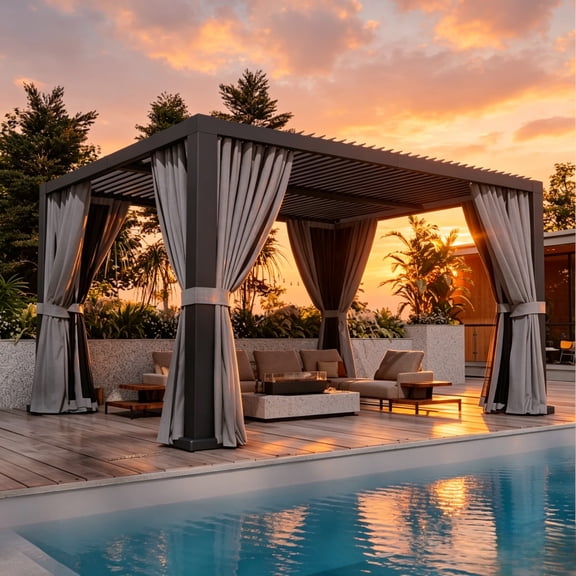 Clouddwell 10' × 12' Adjustable Louvered Pergola, Outdoor Aluminum Pergola with Curtains & Netting for Backyard, Deck & Poolside, Gray
