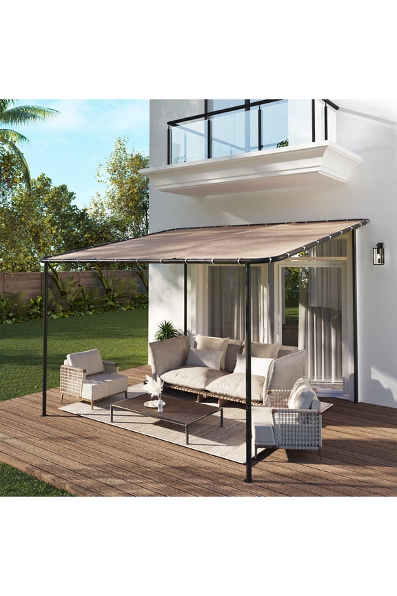 10×12 FT Wall-Mounted Sloped Roof Outdoor Pergola Canopy, Water-Resistant & UV-Resistant Metal Patio Gazebo for Backyard Garden Porch in Khaki