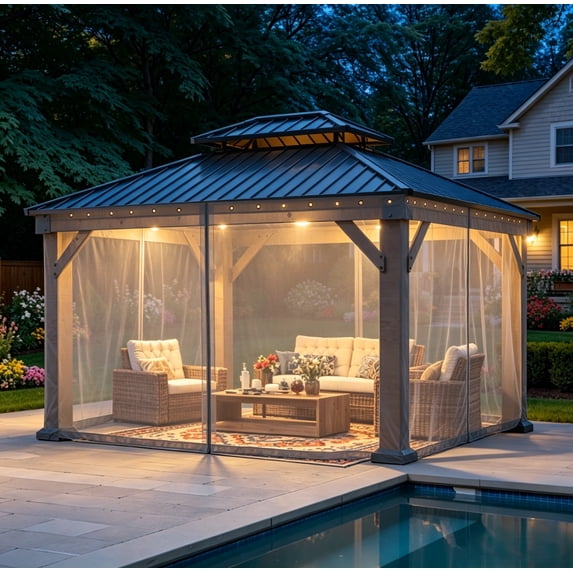 Clouddwell 10' × 12' Gazebo Mosquito Netting Replacement Set, Outdoor Gazebo Privacy Screen with Zippered Panels