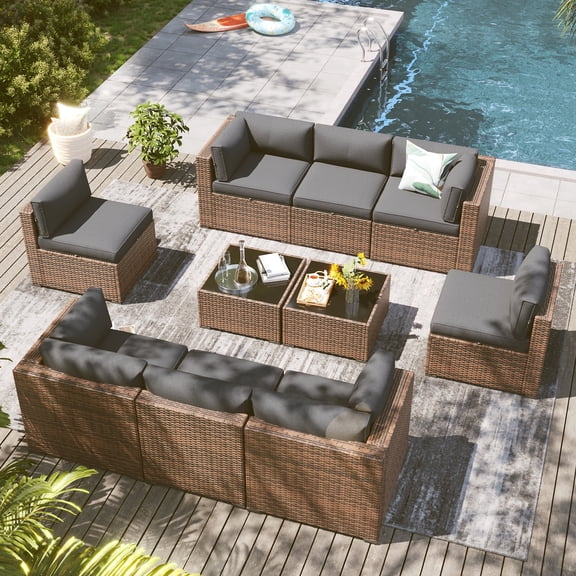 Clouddwell 10 Piece Outdoor Patio Furniture Set, Wicker Rattan Patio Sectional Sofa Set (Grey)