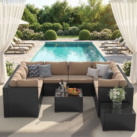 Clouddwell 10-Piece Patio Furniture Set on Sale, Black Rattan Wicker Outdoor Sectional Sofa Couch with Table Patio Conversation Set for Lawn& Backyard, Beige
