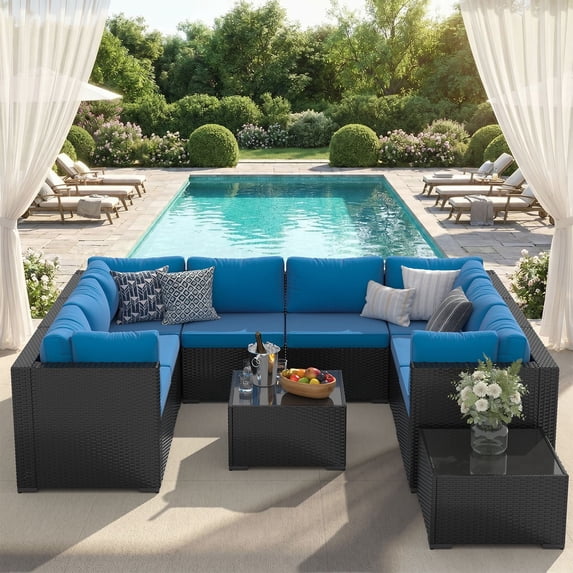 Clouddwell 10-Piece Patio Furniture Set on Sale, Black Rattan Wicker Outdoor Sectional Sofa Couch with Table Patio Conversation Set for Lawn& Backyard, Blue