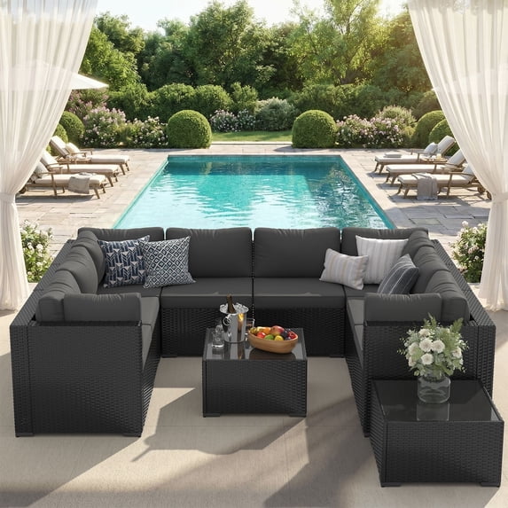 Clouddwell 10-Piece Patio Furniture Set On Sale, Black Rattan Wicker Outdoor Sectional Sofa Couch with Table Patio Conversation Set for Lawn& Backyard, Gray