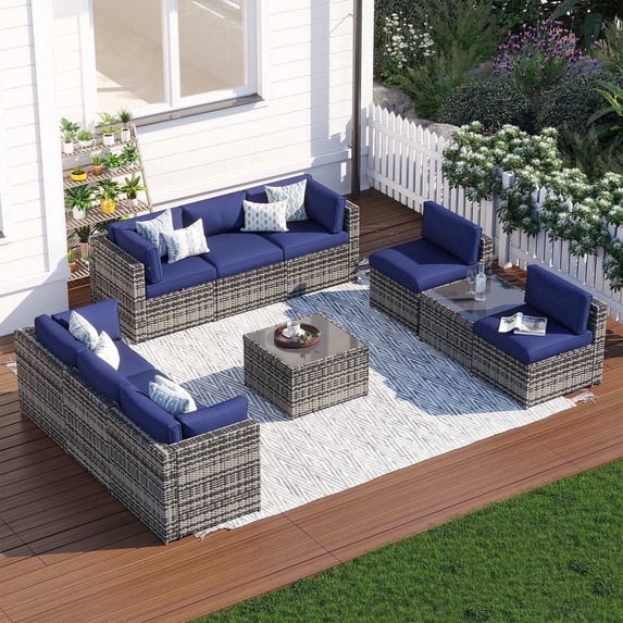 LazySunsets 10 Piece Patio Furniture Set Wicker Rattan Patio Conversation Set Outdoor Sectional Sofa Set with Coffee Table and Blue Cushions(Waterproof Cover Included)