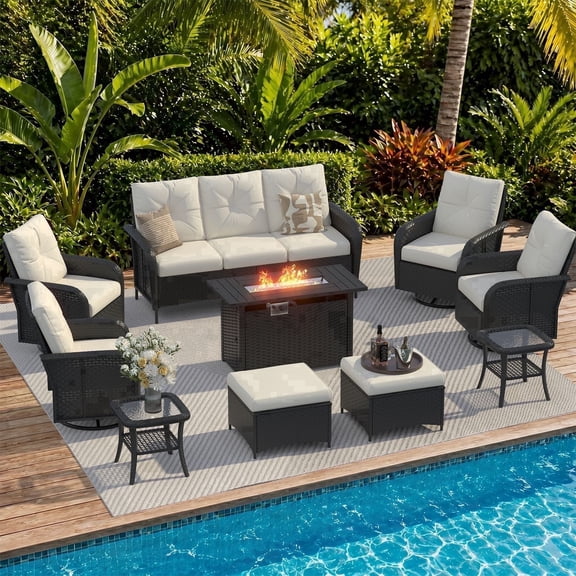 Clouddwell 10 Pieces Outdoor Patio Furniture Set, Rocking Rattan Wicker Sectional Swivel Rocker Chairs Sets with Fire Pit, Off White/Black