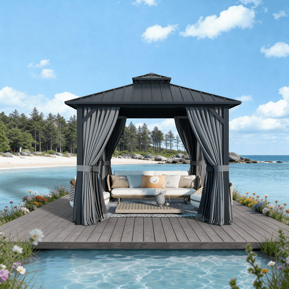 Clouddwell 10' X 10' Hardtop Gazebo with Double Roof Outdoor Gazebos for Patio Lawn and Garden Included Netting and Curtains, Gray