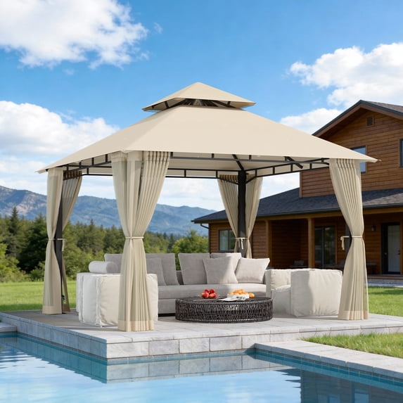 LazySunsets 10'x 10' Patio Gazebo Double Roof Protection All-Weather Outdoor Shelter Features Insect Screens for Backyard, Lawn, (Beige)