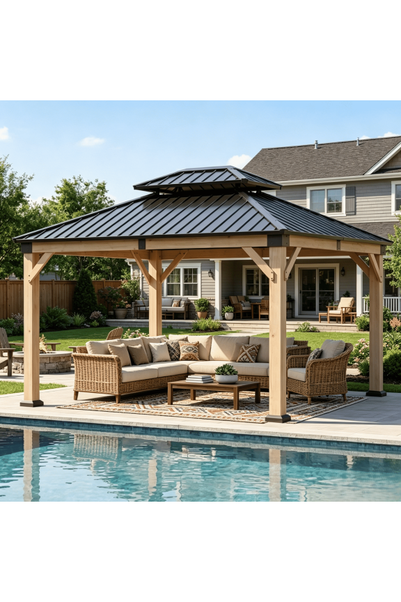 10' x 12' Cedar Wood Gazebo with Double Roof, Hardtop Metal Roof Outdoor Patio Gazebo Canopy for Backyard, Deck, Lawn & Garden