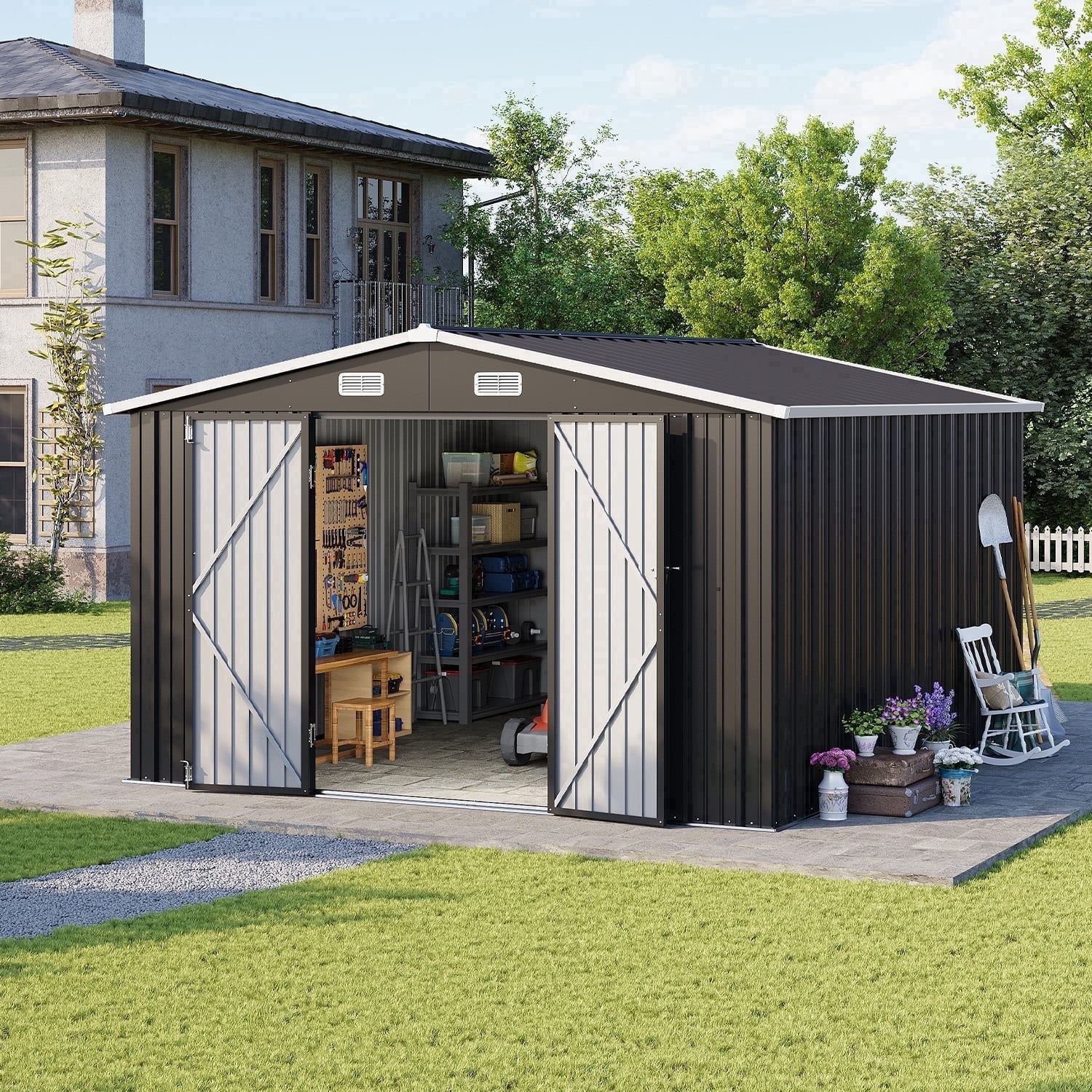 Clouddwell 10 x 12FT Shed Outdoor Storage Shed with Double Hinged Large Door, Large Metal Shed with Lockable Door & Sloped Roof for Garden, Backyard, Patio and Backyard, Black