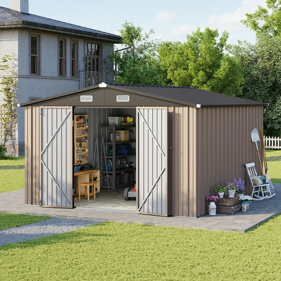 Clouddwell 10 x 12FT Shed Outdoor Storage Shed with Double Hinged Large Door, Large Metal Shed with Lockable Door & Sloped Roof for Garden, Backyard, Patio and Backyard, Brown