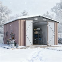 Clouddwell 10 x 12FT Shed Outdoor Storage Shed with Double Hinged Large Door, Large Metal Shed with Lockable Door & Sloped Roof for Garden, Patio and Backyard, Brown