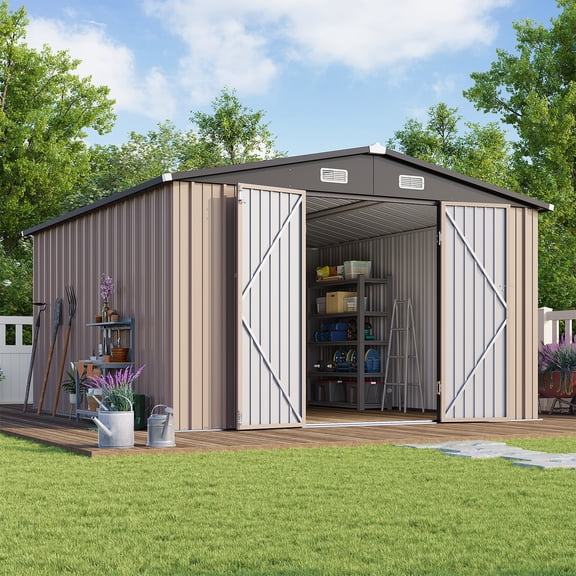 Clouddwell 10 x 12FT Shed Outdoor Storage Shed with Double Hinged Large Door, Large Metal Shed with Lockable Door & Sloped Roof for Garden, Patio and Backyard, Brown
