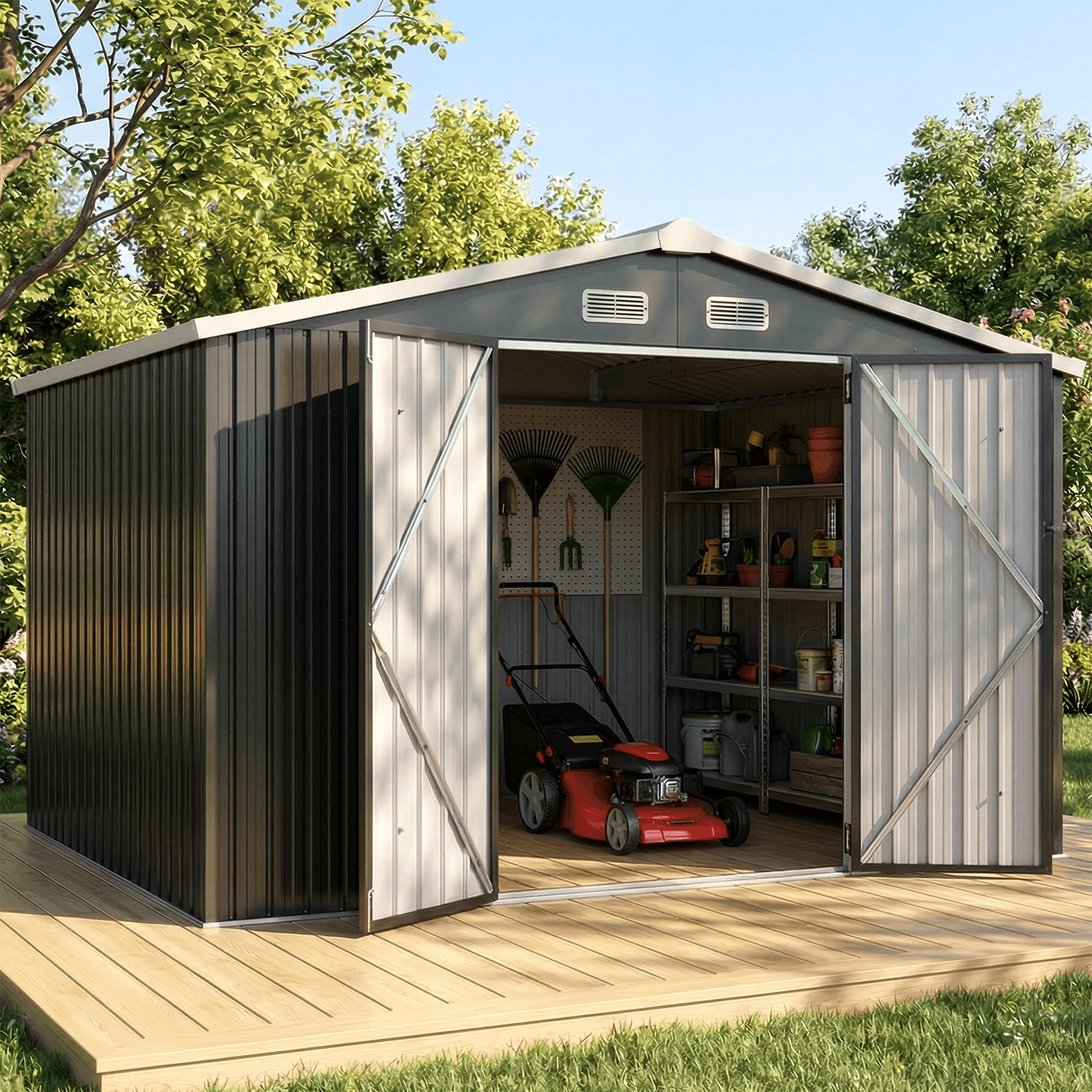 Clouddwell 10 x 8 FT Shed Outdoor Storage Shed with Double Hinged Large Door, Large Metal Shed with Lockable Door & Sloped Roof for Garden, Patio and Backyard, Black