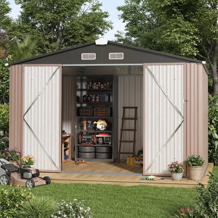Clouddwell 10 x 8 FT Shed Outdoor Storage Shed with Double Hinged Large Door, Large Metal Shed with Lockable Door & Sloped Roof for Garden, Patio and Backyard, Brown