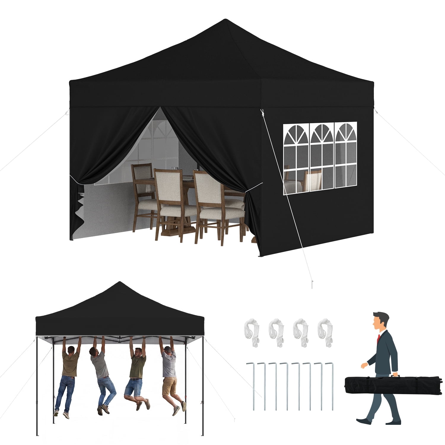 BaPiPro 10'x10' Pop Up Canopy Tent with 4 Removable Sidewalls, Adjustable Height Instant Outdoor Canopy, Portable Sun Shade Shelter with 4 Sandbags, Easy Setup for Parties, Camping, Events, Black