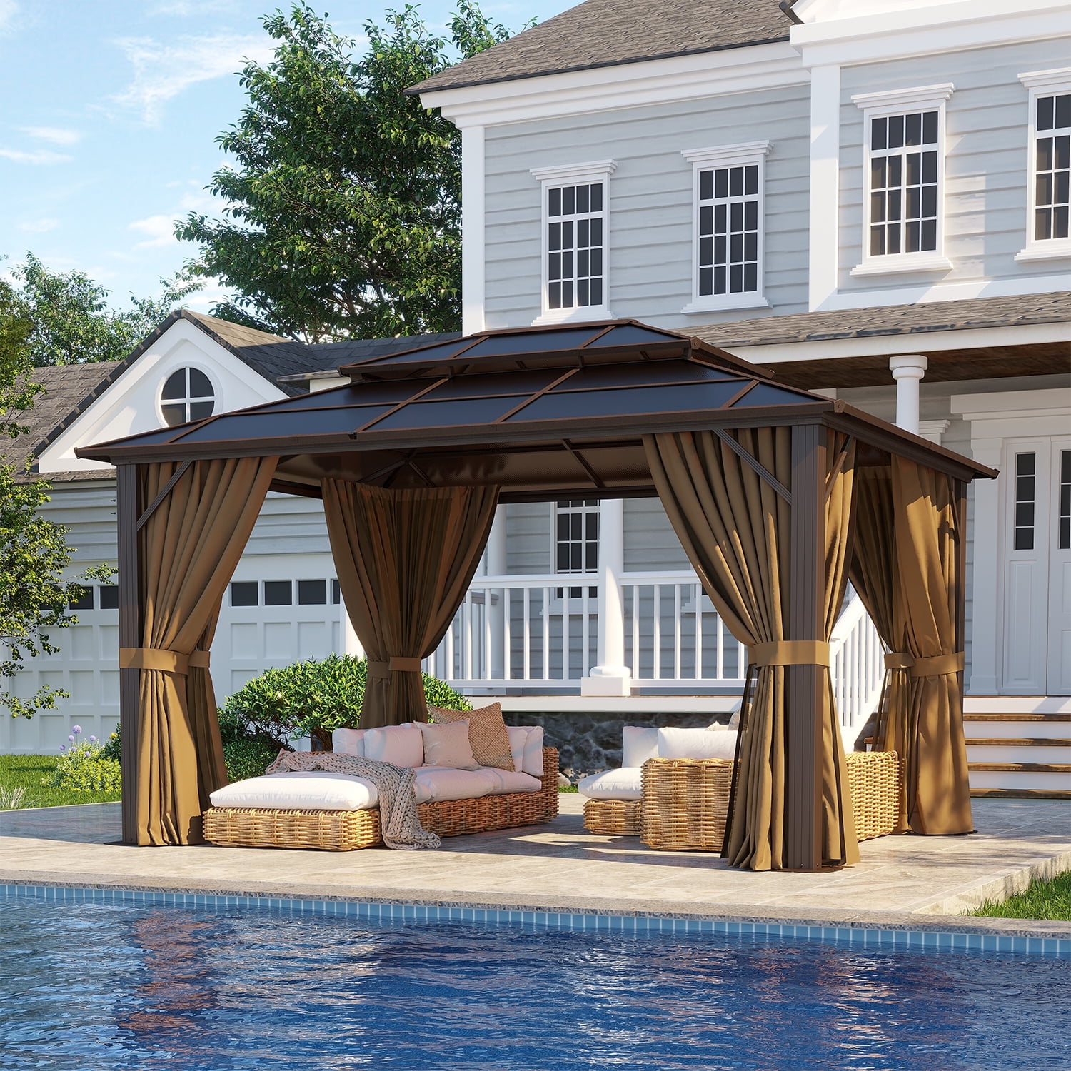 Walmart discount codes: Clouddwell 10'x12' Hardtop Gazebo - Polycarbonate Double Roof with Netting & Curtains for Patio, Garden Sun Protection,Browm