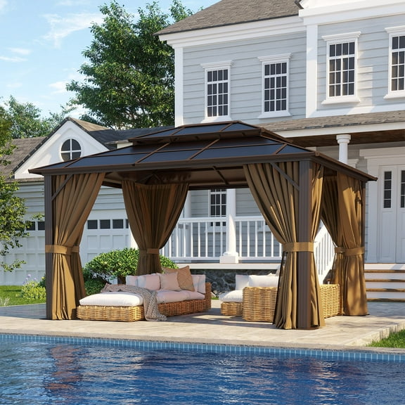 Clouddwell 10'x12' Hardtop Gazebo - Polycarbonate Double Roof with Netting & Curtains for Patio, Garden Sun Protection,Browm