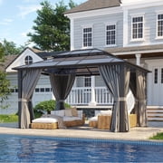 Clouddwell 10x12 Hardtop Gazebo - Polycarbonate Double Roof with Netting & Curtains for Patio, Garden Sun Protection,Gray