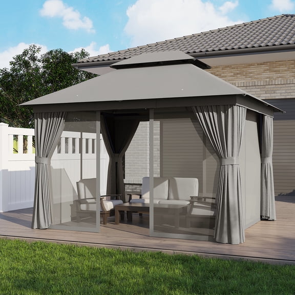 Clouddwell 10'x12' Patio Gazebo Double Roof Protection All-Weather Outdoor Shelter Features Insect Screens & Privacy Curtains Ideal for Backyard, Lawn, (Gray)