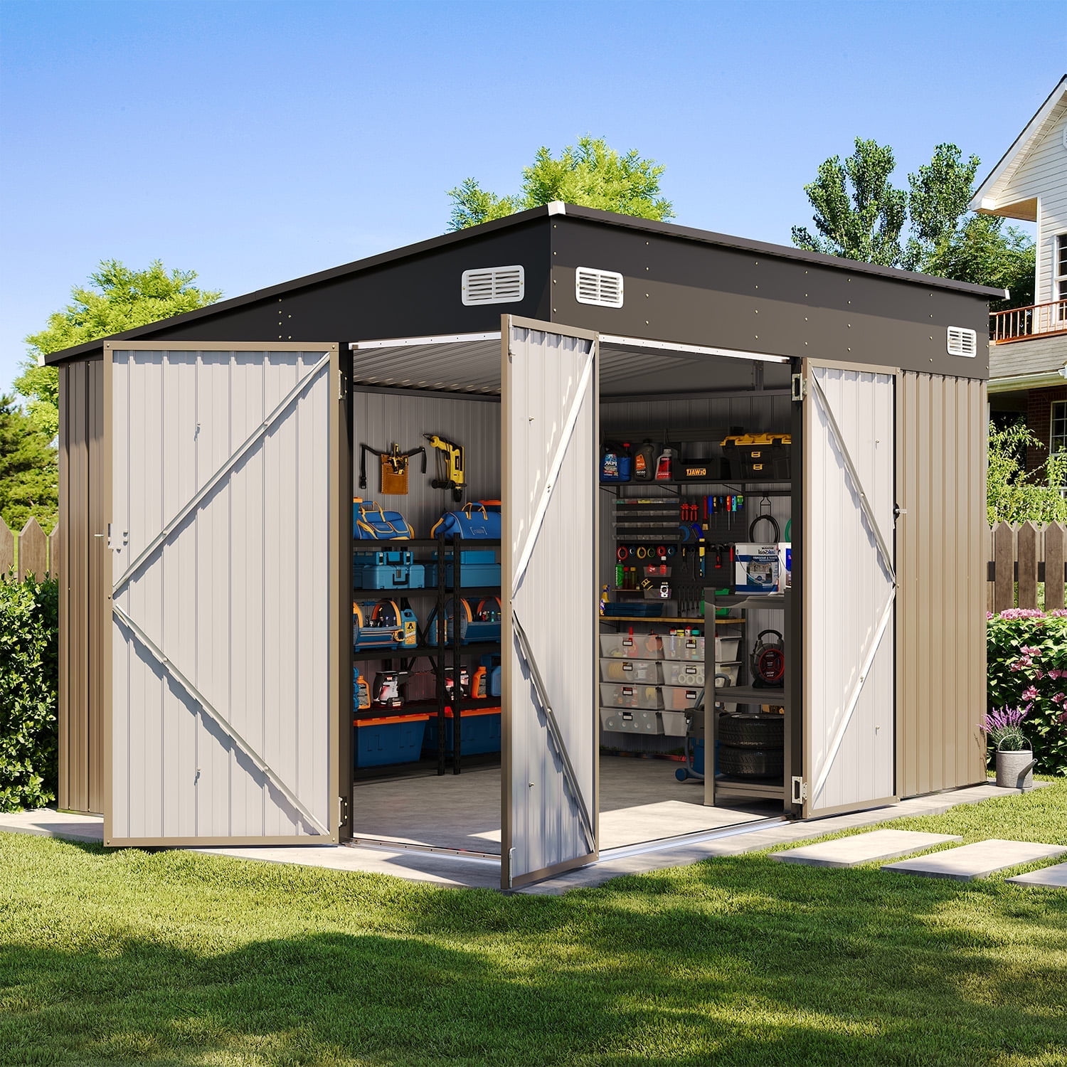 Clouddwell 8ft x 4ft Heavy-Duty Metal Storage Shed with 3 Doors