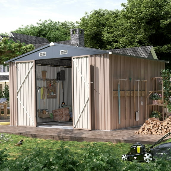 Clouddwell 10x12 ft. Outdoor Storage Shed with Base, Brown Metal Garden Shed with Double Lockable Doors for Backyard, Patio