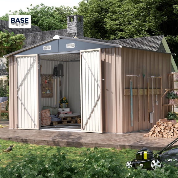 Clouddwell 10x8 ft. Outdoor Storage Shed with Floor Frame, Brown Metal Garden Shed with Base & Double Lockable Doors for Backyard, Patio