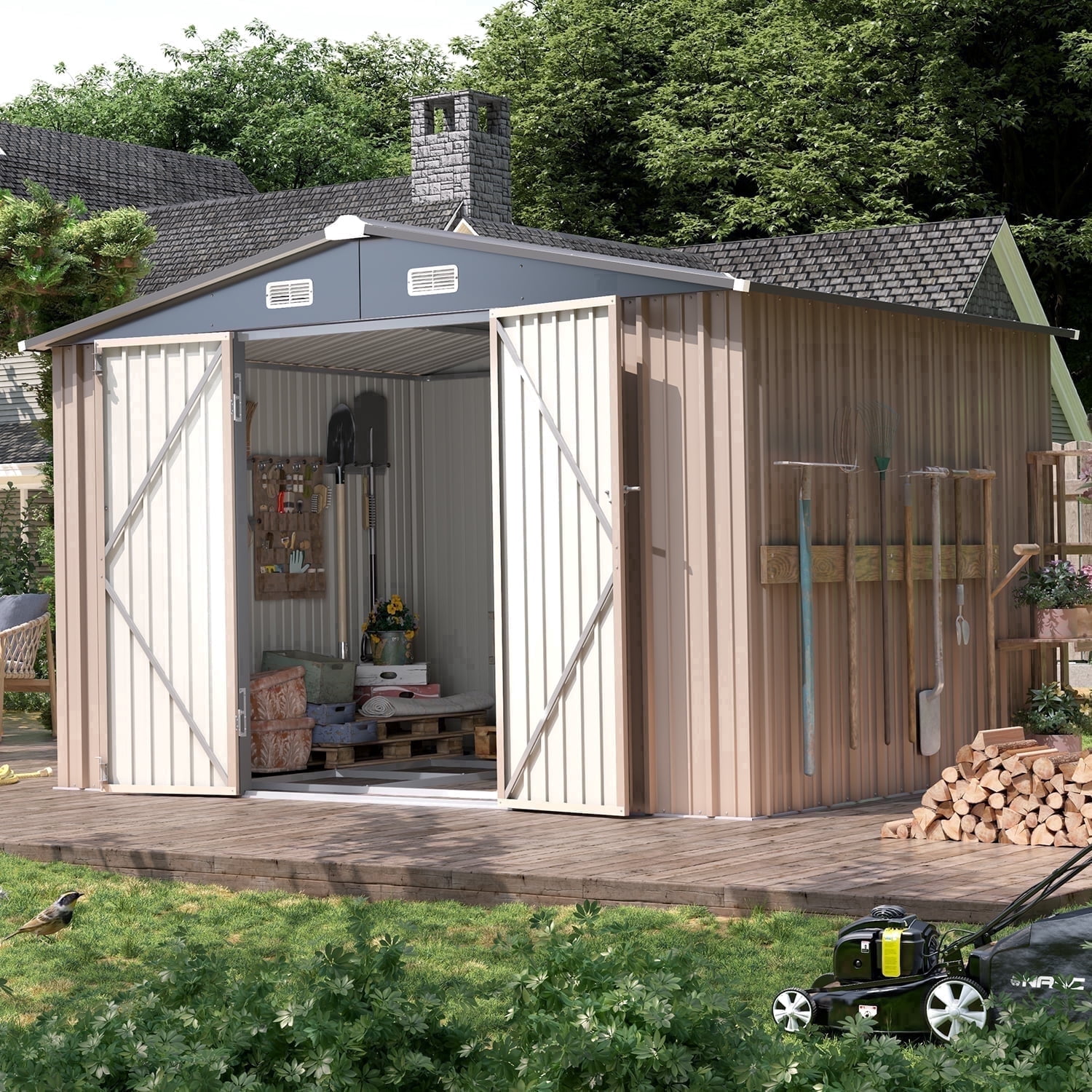 Clouddwell 10x8 ft. Outdoor Storage Shed with Base, Brown Metal Garden Shed with Double Lockable Doors for Backyard, Patio