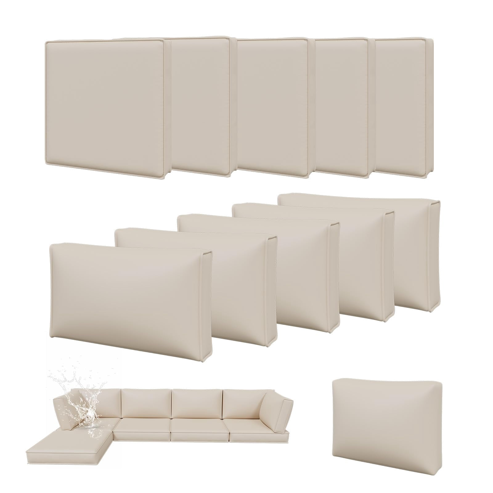 Clouddwell 11-Piece Outdoor Cushion Slipcovers Replacement for 5-Seat Wicker Sectional-Waterproof, Non-Slip Bottom (Beige)