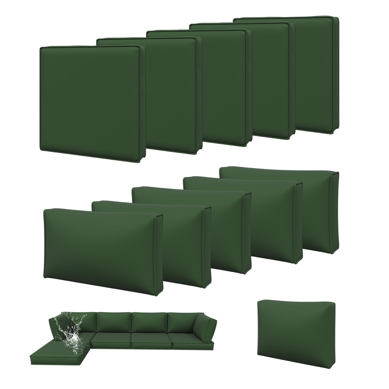 Clouddwell 11-Piece Outdoor Cushion Slipcovers Replacement for 5-Seat Wicker Sectional-Waterproof, Non-Slip Bottom (Black Green)