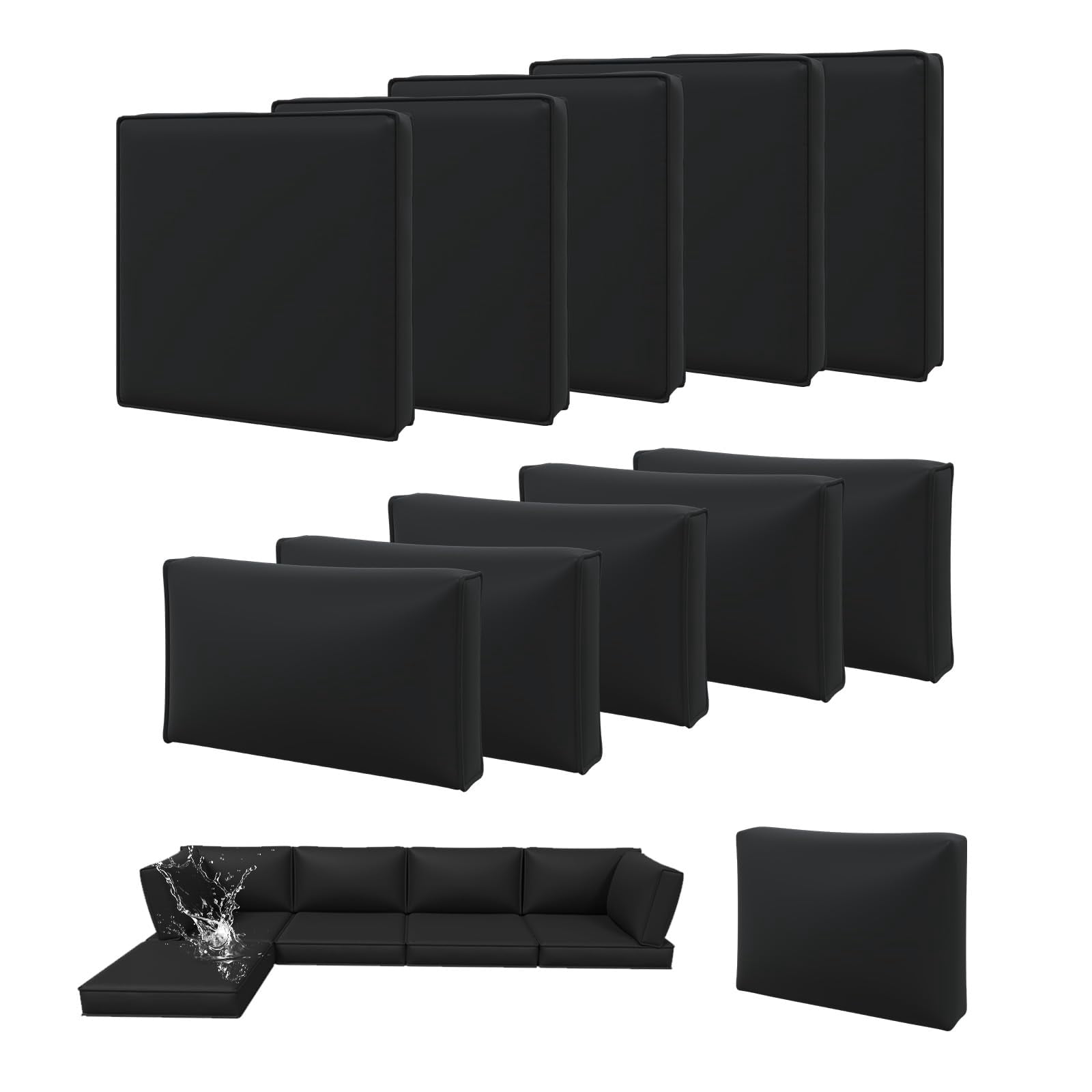 Clouddwell 11-Piece Outdoor Cushion Slipcovers Replacement for 5-Seat Wicker Sectional-Waterproof, Non-Slip Bottom (Black)