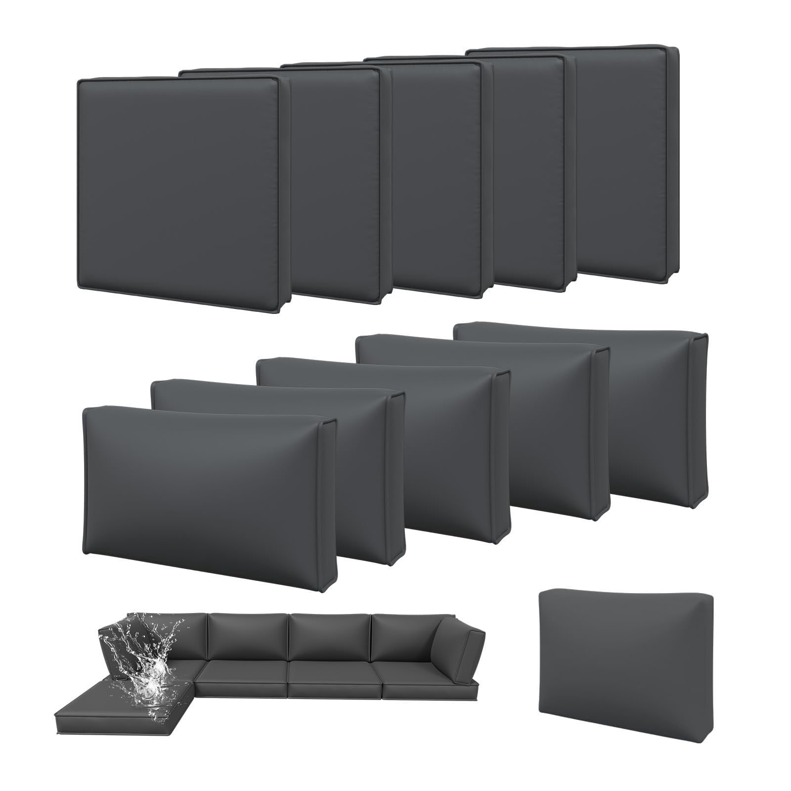 Clouddwell 11-Piece Outdoor Cushion Slipcovers Replacement for 5-Seat Wicker Sectional-Waterproof, Non-Slip Bottom (Dark Gray)