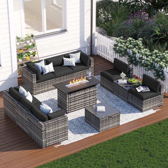 Clouddwell 11 Piece Patio Furniture Set with 44 Fire Pit Table Wicker Rattan Patio Conversation Set Outdoor Sectional Sofa Set with Coffee Table and Black Cushions(Waterproof Cover Included)