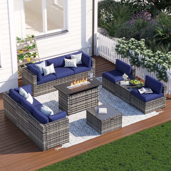 Clouddwell 11 Piece Patio Furniture Set with 44 Fire Pit Table Wicker Rattan Patio Conversation Set Outdoor Sectional Sofa Set with Coffee Table and Blue Cushions