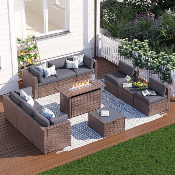 Clouddwell 11 Piece Patio Furniture Set with 44” Fire Pit Table Wicker Rattan Patio Conversation Set Outdoor Sectional Sofa Set with Coffee Table and Gray Cushions(Waterproof Cover Included)