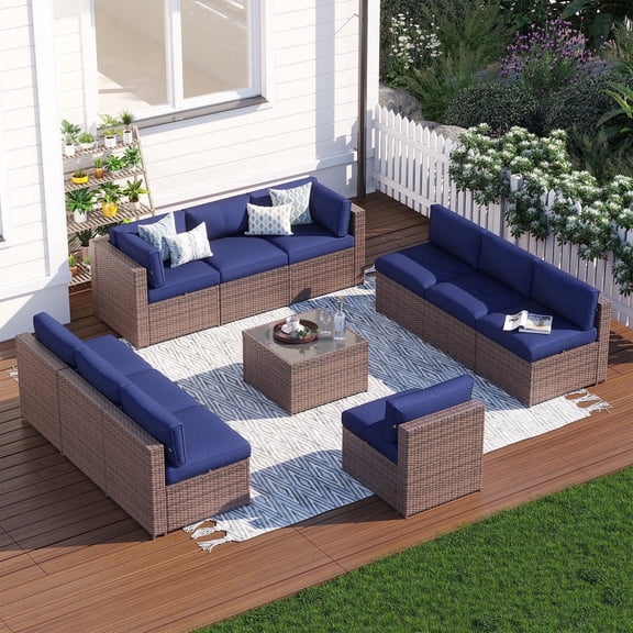 Clouddwell 11 Piece Patio Furniture Set Wicker Rattan Patio Conversation Set Outdoor Sectional Sofa Set with Coffee Table and Blue Cushions