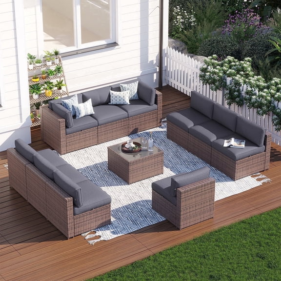 Clouddwell 11 Piece Patio Furniture Set Wicker Rattan Patio Conversation Set Outdoor Sectional Sofa Set with Coffee Table and Gray Cushions(Waterproof Cover Included)